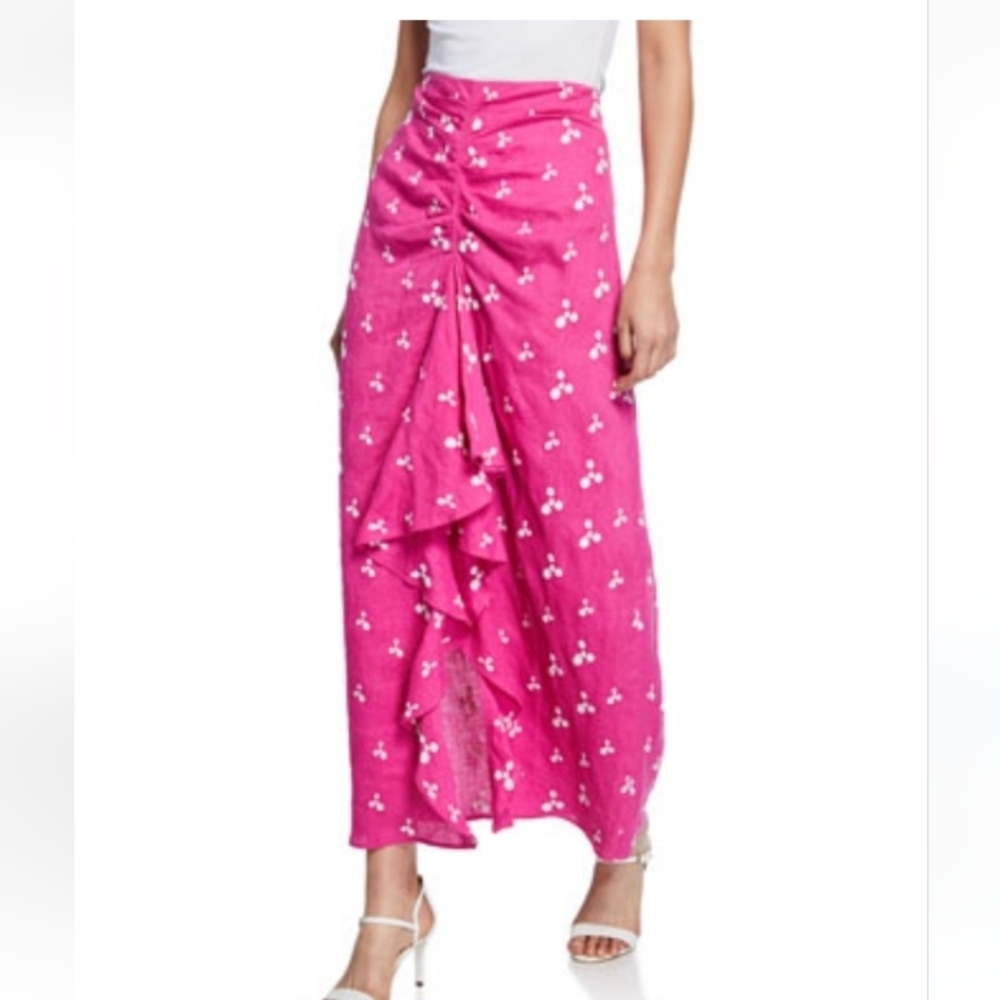 Mochi Ola Pink Embroidered Linen Ruffle Maxi Skirt- Size M